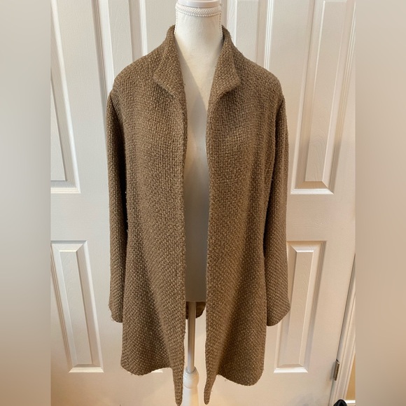 Eileen Fisher Tan Wool Blend Silk Lined Long Open Jacket Size M - Picture 1 of 14
